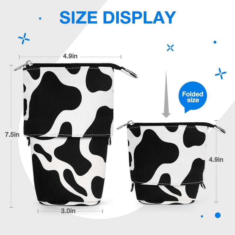 KPX Cute Standing Pencil Case for Kids, Pop Up Pencil Box Makeup Pouch, Christmas Gift Kids Canvas Pen Holder Organizer Cosmetics Bag, Kawaii Stationary (Cow Print) - Image 2